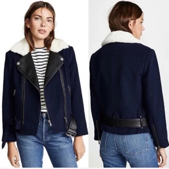 NWT JOIE FAYANA WOOL- LEATHER COZY NAVY MOTO JACKET - Picture 10 of 13